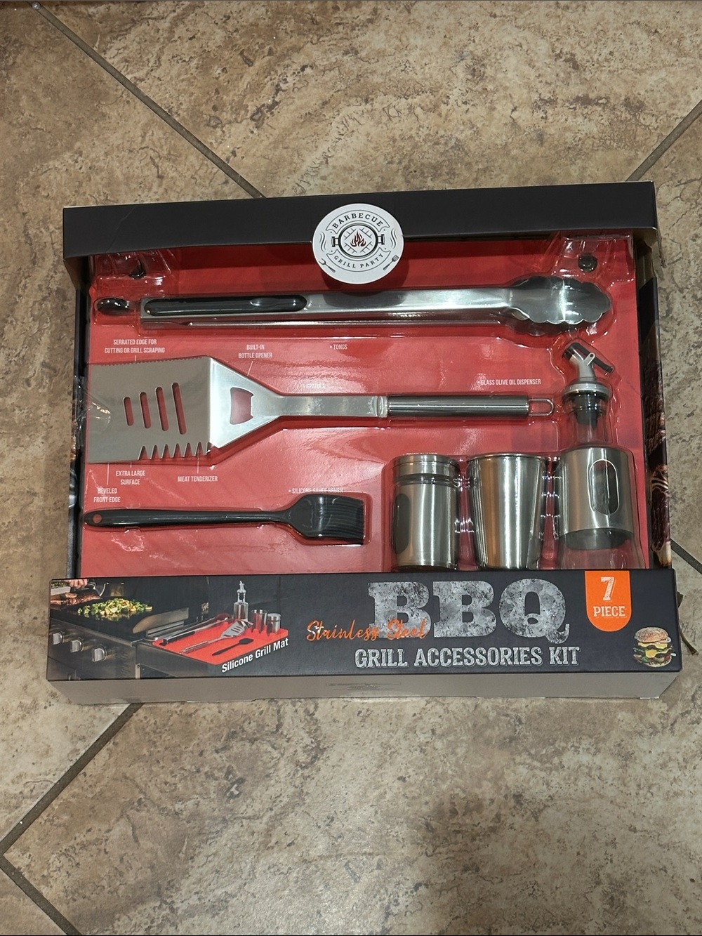 BBQ Grill Accessories Kit Stainless Steel 7-Piece - Red